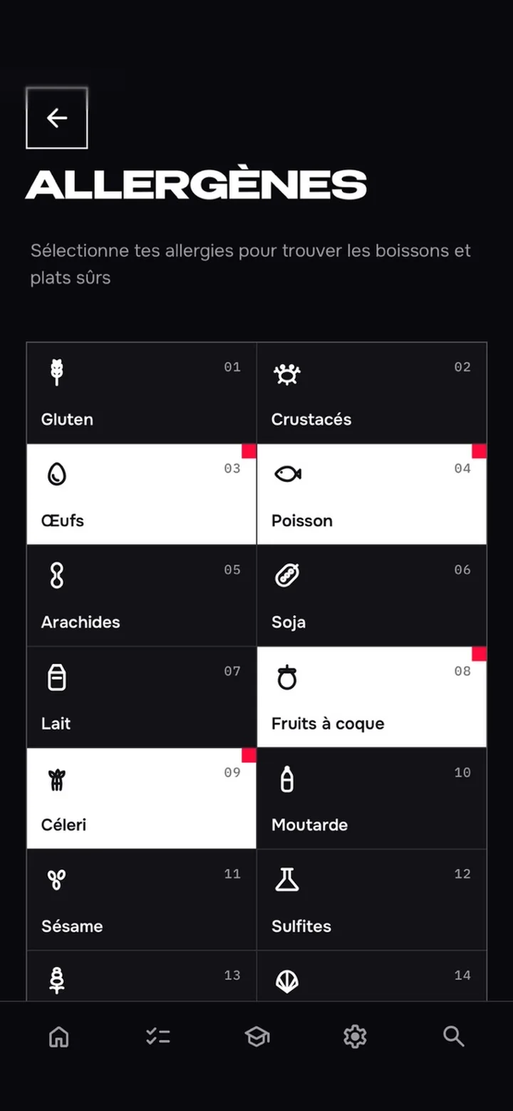 Filtre allergènes dans l'app GLASZ : œufs, poisson, fruits à coque et céleri sélectionnés
