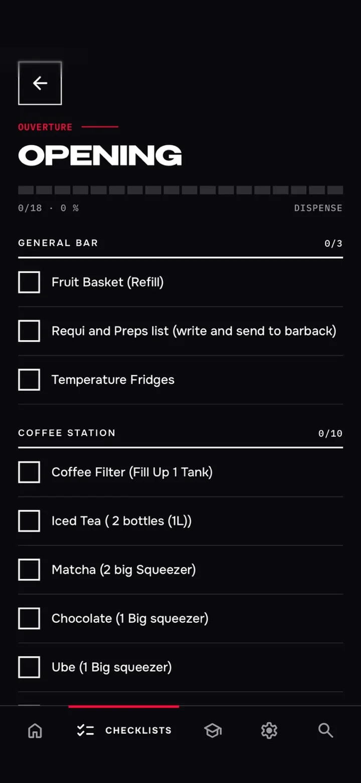 Checklist d'ouverture dans l'app GLASZ : tâches par station et progression
