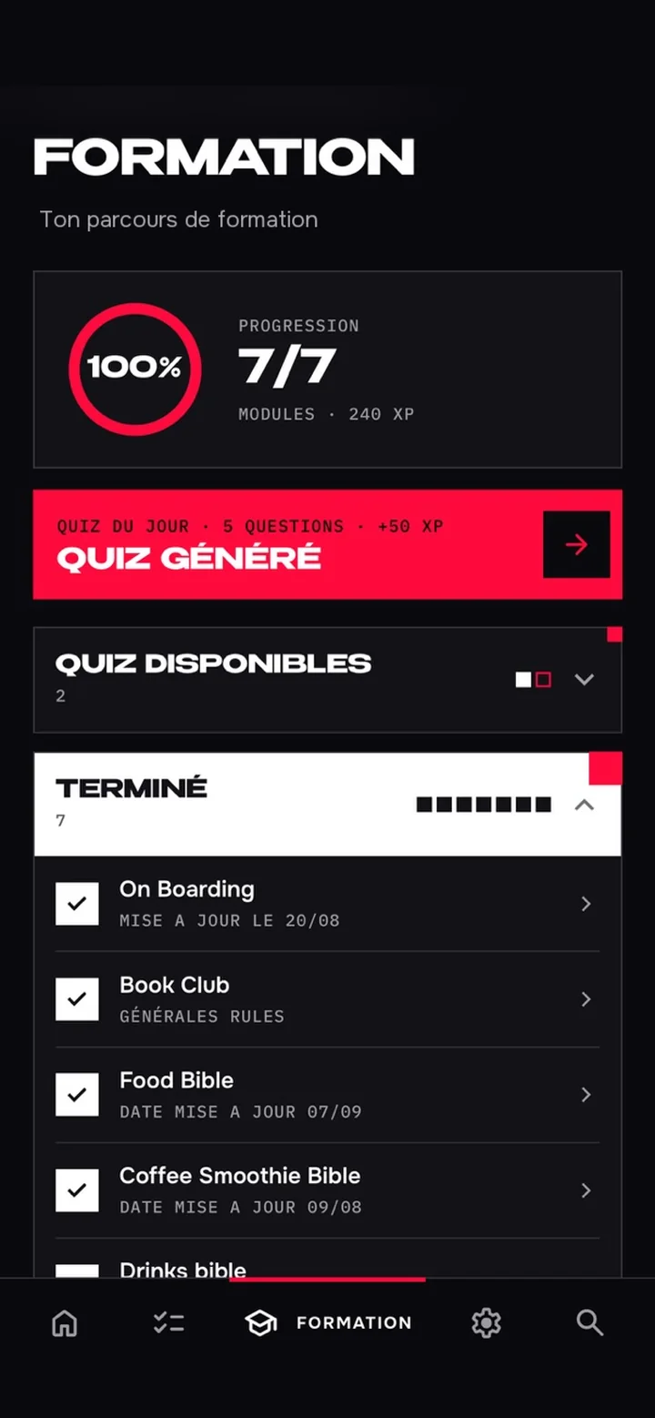 Parcours de formation dans l'app GLASZ : progression, quiz du jour et modules terminés