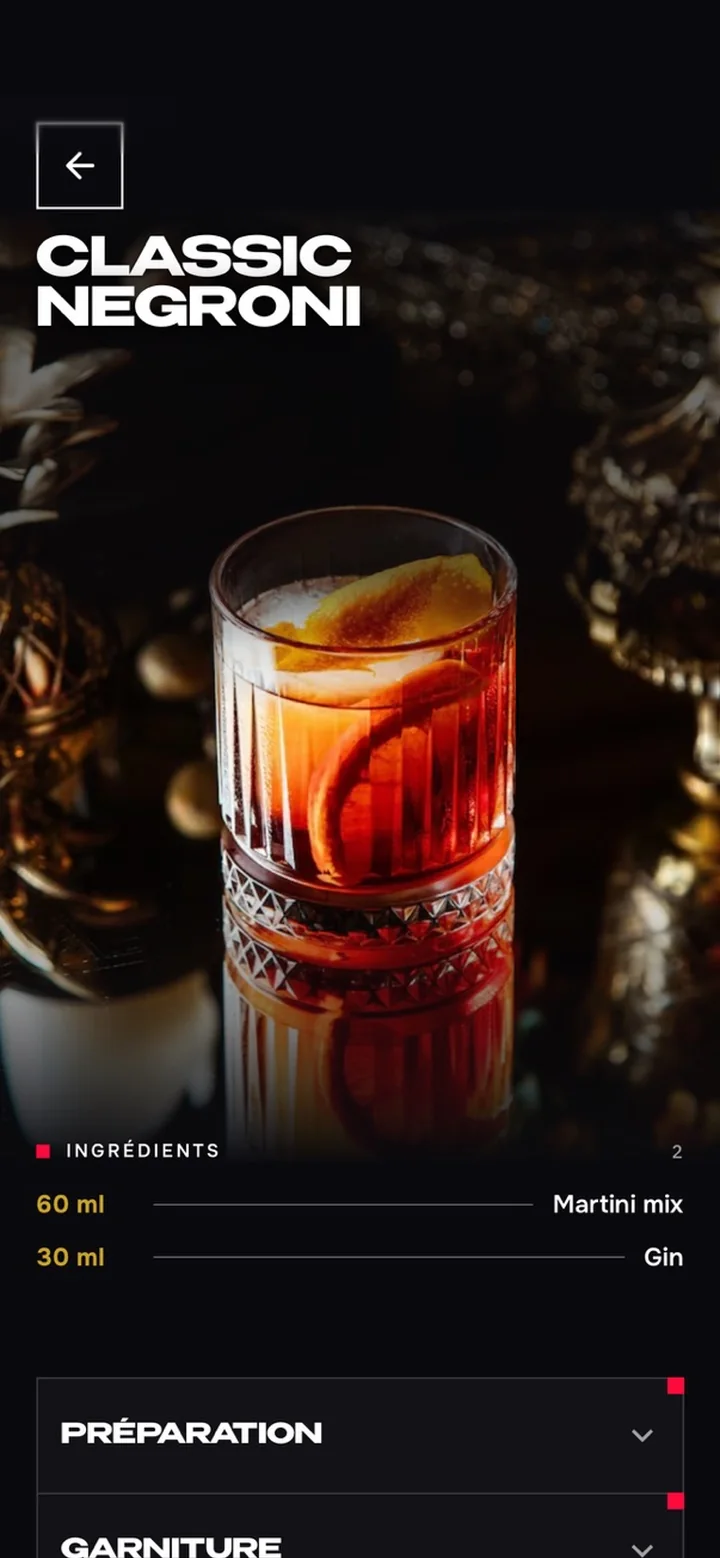Fiche cocktail Classic Negroni dans l'app GLASZ : photo et dosages