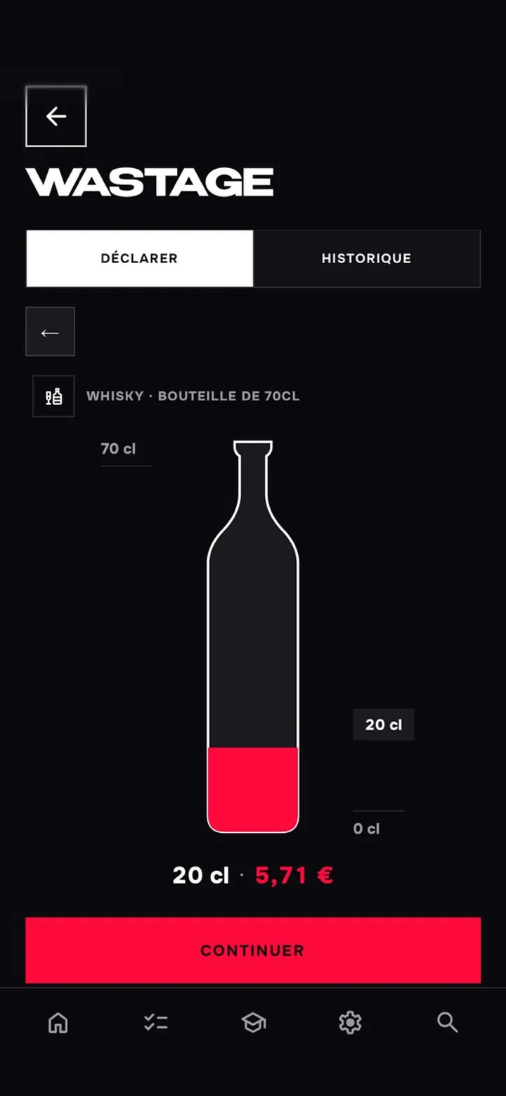Déclaration d'une perte dans l'app GLASZ : 20 cl de whisky, coût affiché